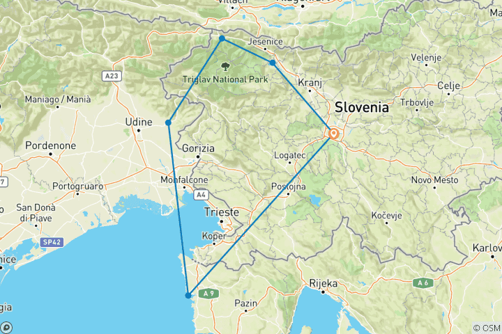 Mapa de Ciclismo por Eslovenia, Italia y Croacia: De los Alpes al Adriático