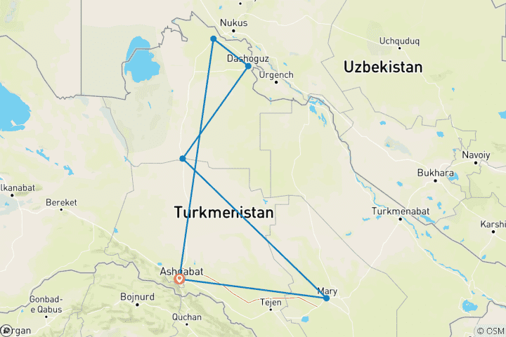 Map of 5-day Turkmenistan Small Group Tour
