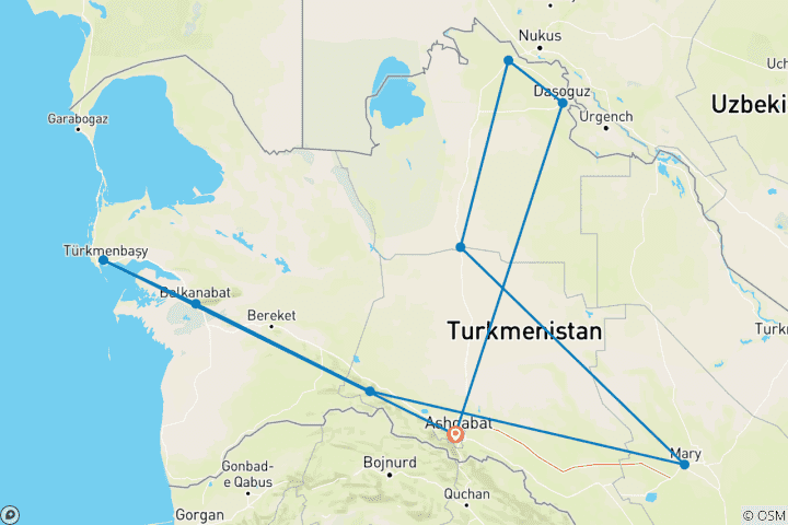 Map of 8-day Turkmenistan Highlights Group Tour