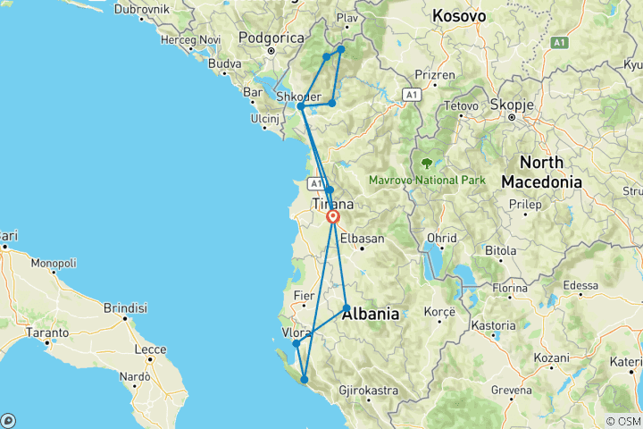 Mapa de 8 Días de Senderismo por Albania - Totalmente Guiado, Grupo Reducido (Norte y Sur)