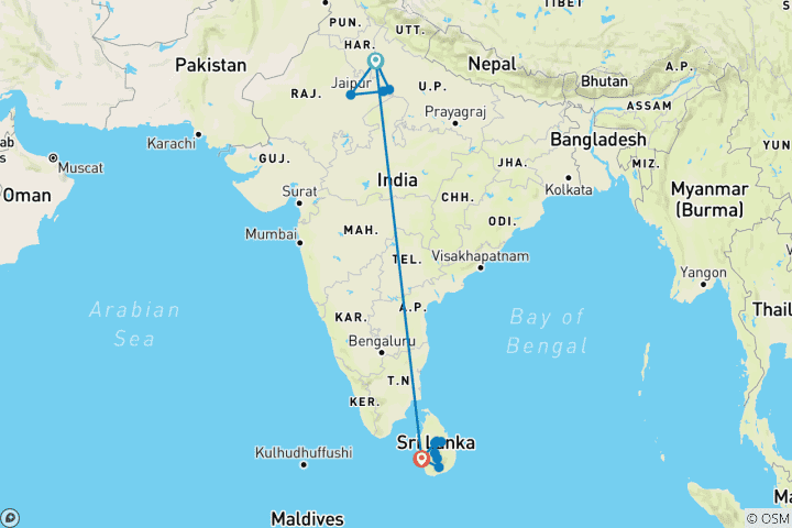 Kaart van Ontdekkingstocht van India naar Sri Lanka door G Experiences