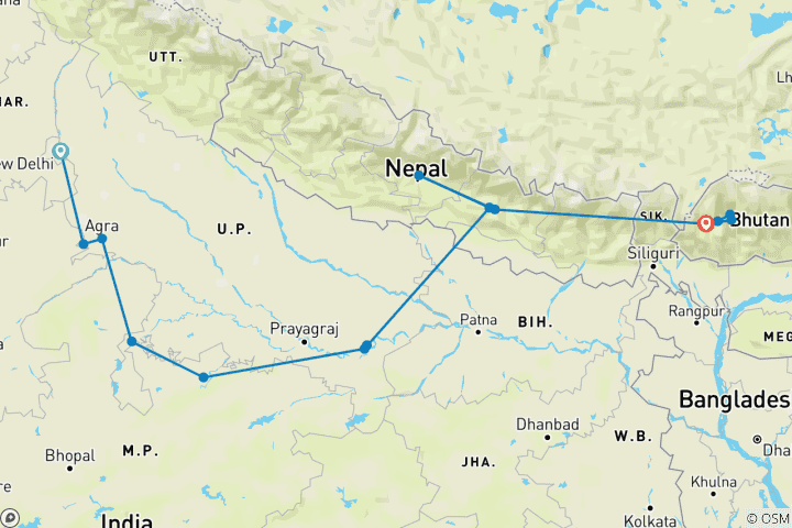 Karte von Unglaubliches Indien mit Nepal & Bhutan Trails von G Experiences