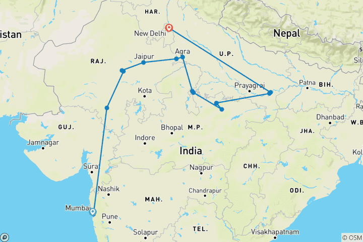 Kaart van Ongelooflijke Noord-India routes van G Experiences