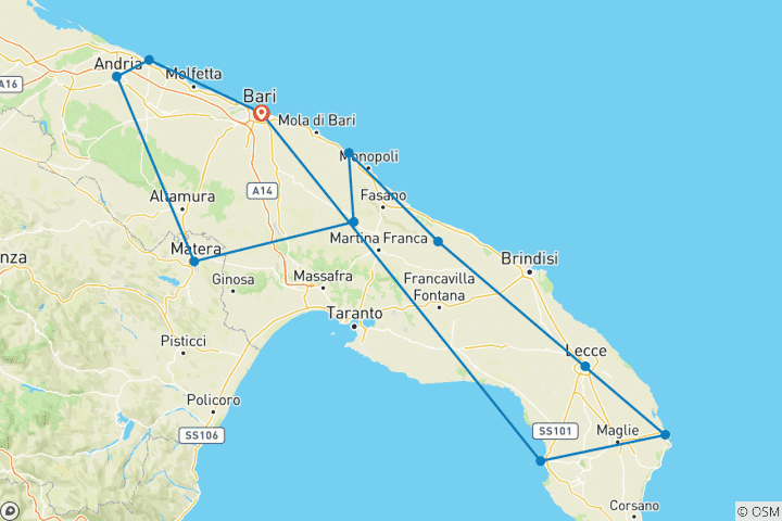 Mapa de Puglia y Matera 8 días desde Bari en grupo reducido