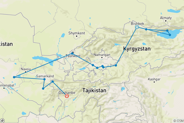 Karte von Drei Stans Seidenstraße Tour: Kirgisistan, Usbekistan & Tadschikistan