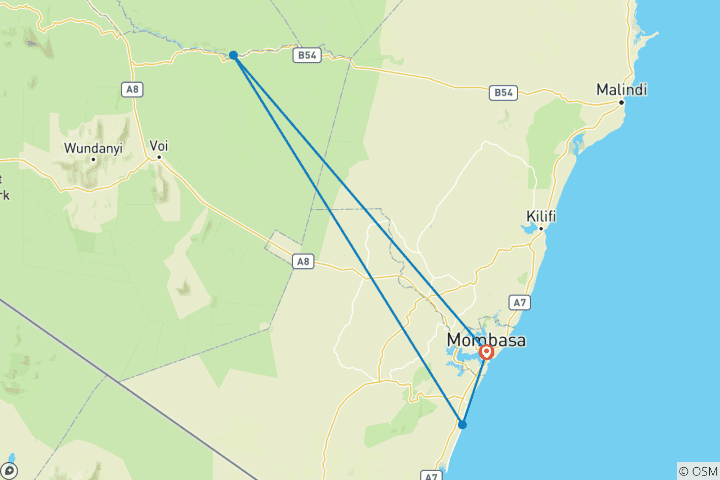 Mapa de Safari de 3 días al Parque Nacional de Tsavo Oriental desde Mombasa/Diani