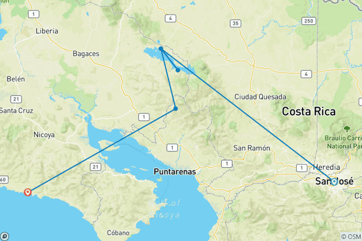 Carte du circuit Costa Rica tropical (de San José à Guanacaste) (2027)