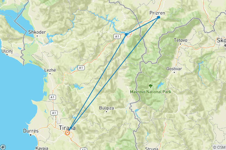 Karte von 2 Tage Abenteuer von Tirana nach Brezovica, Prevalla, und Prizren, Kosovo