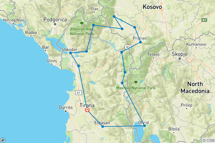 Carte du circuit Circuit en groupe "Montagnes et musées" - Albanie, Kosovo et Ohrid
