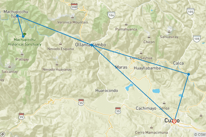 Kaart van Huchuy Qosqo naar MachuPicchu 3D2N