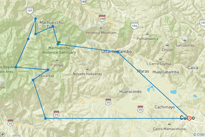 Kaart van De Salkantay Trek naar Machu Picchu Basiskamp 5 Dagen
