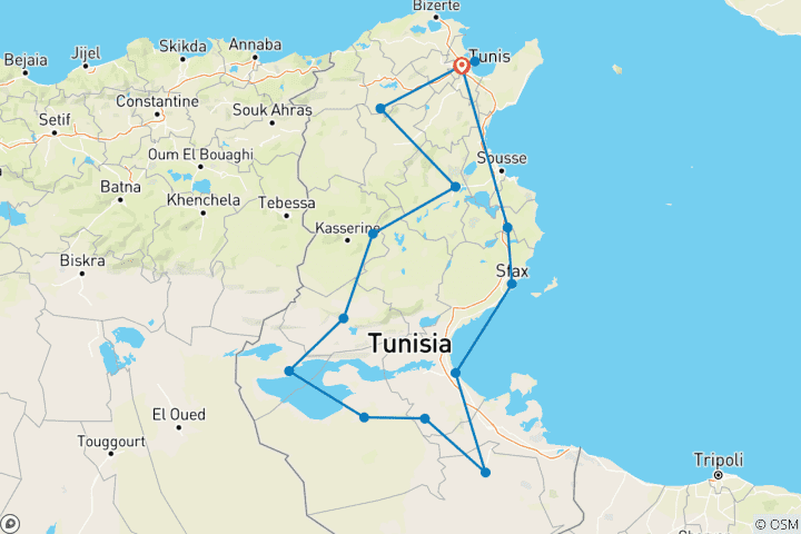Mapa de TÚNEZ: DE CARTAGENA A LOS OASIS. UNA ODISEA DE 10 DÍAS, PUENTE ENTRE LA HISTORIA Y EL SAHARA