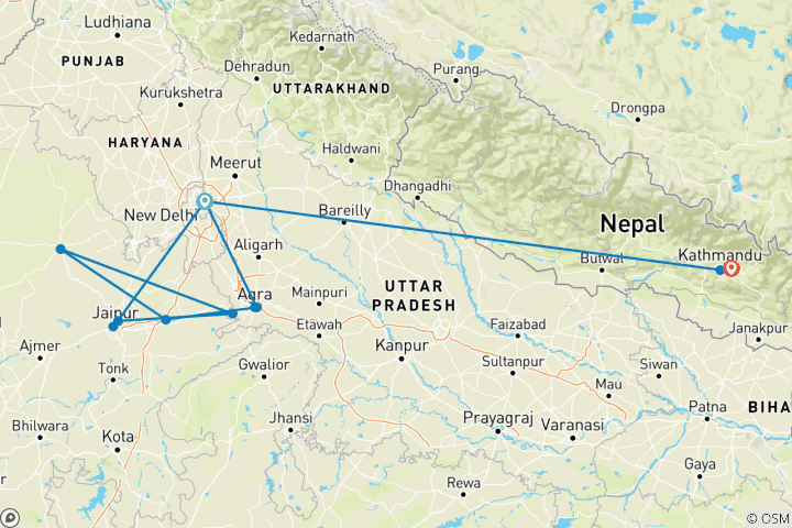Mapa de Clásico India y Katmandú (3 estrellas) - 10 días