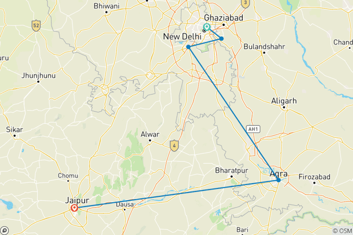 Kaart van Delhi, Agra & Jaipur Express (3 sterren) - 4 dagen