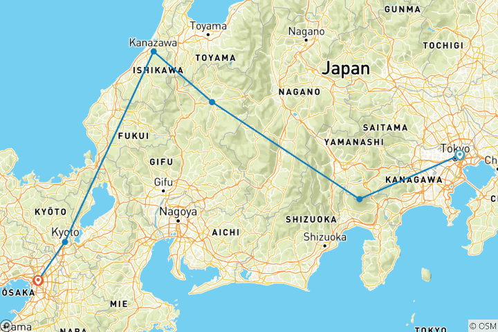 Karte von Tokio, Takayama & Osaka - 11 Tage