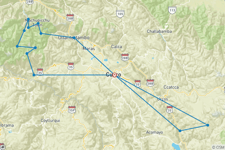 Kaart van Salkantay en Regenboogberg trektocht 7 dagen