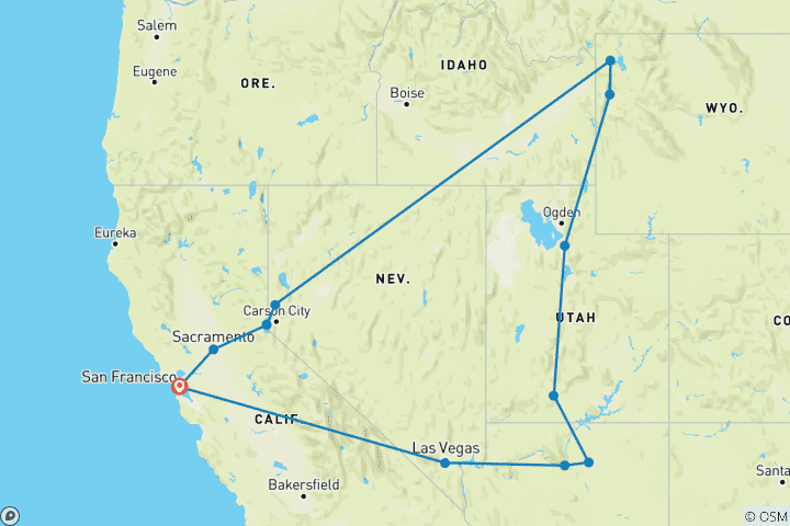 Mapa de 7 días San Francisco+Lago Tahoe +Parque Nacional de Yellowstone +Parque Nacional de Grand Teton +Cañón del Antílope Inferior +Parque Nacional de Grand Canyon +Lo más destacado de Las Vegas (Bilingüe:Chino+Inglés)