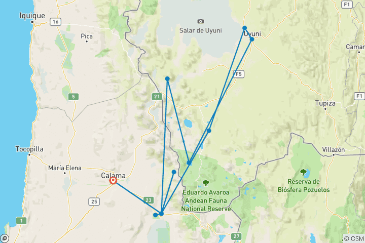 Carte du circuit Chili : San Pedro de Atacama et Salar de Uyuni, traversée des Andes - 8 JOURS/7 NUITS
