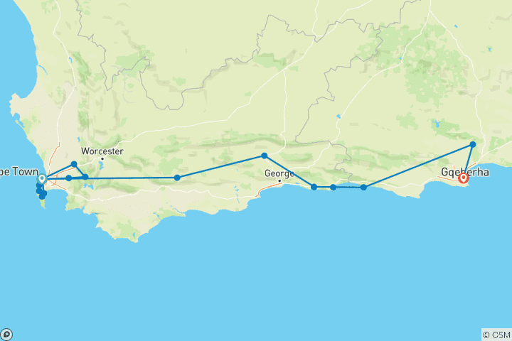 Karte von Kapstadt, Garden Route & Safari11 Tage