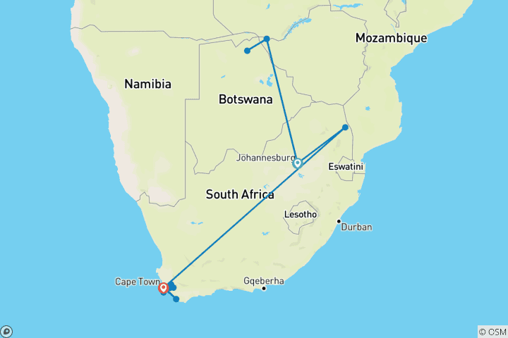 Kaart van Victoria Watervallen, Kruger & Kaapstad - 11 dagen