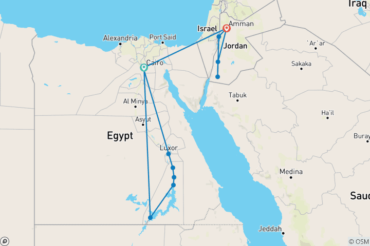 Carte du circuit L'aventure vous attend en Égypte et en Jordanie / surclassement gratuit pour la croisière de luxe Dahabya sur le Nil - tous les vols sont inclus)