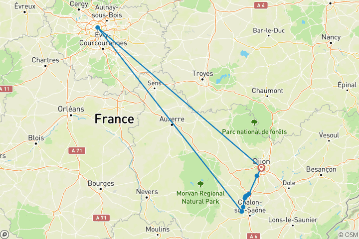 Karte von Kurzurlaub in Burgund entlang der Goldenen Küste (4 Tage)