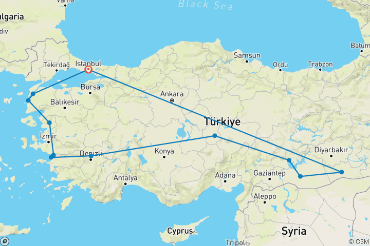 Carte du circuit LES LIEUX LES PLUS VISITÉS DE LA TURQUIE - Forfait privé de luxe complet 14 JOURS