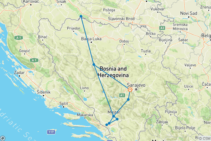 Carte du circuit Les joyaux cachés de la Bosnie : Patrimoine, histoire et merveilles naturelles en 7 jours