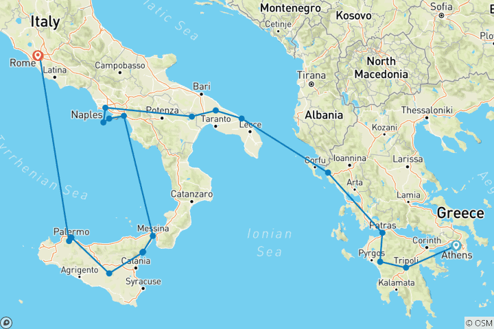 Karte von Athen, Halbinsel und Sizilien bis Rom