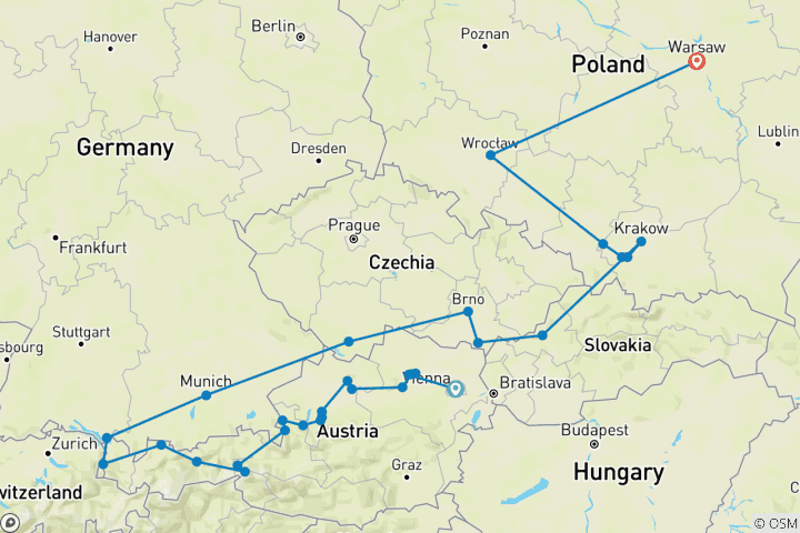 Carte du circuit Autriche, Moravie et cœur de la Pologne