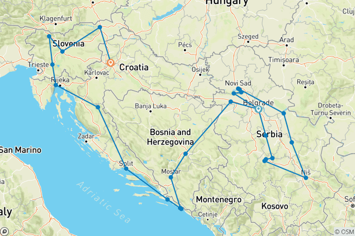 Kaart van Juwelen van Servië en de Balkan, eindigend in Zagreb