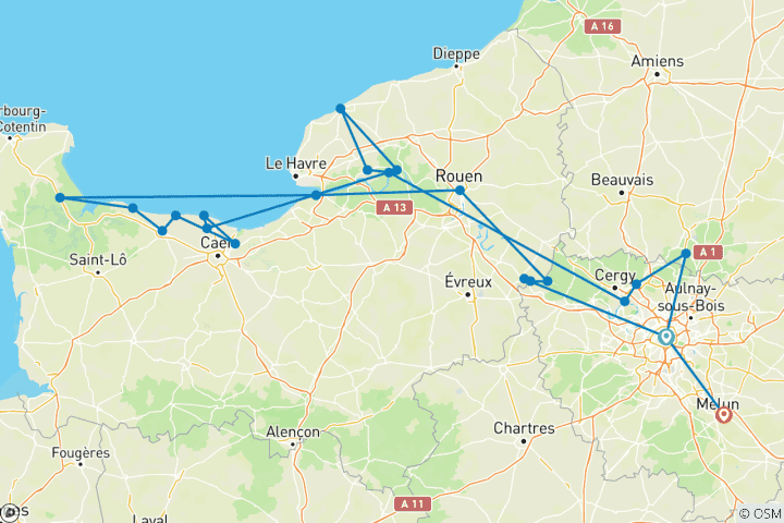 Mapa de Lo más destacado de Normandía y el Sena con Lo más destacado de París 2027