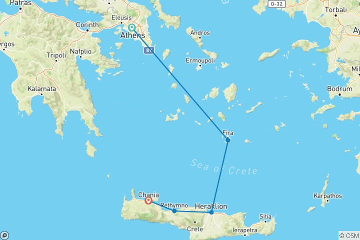 Carte du circuit Aventure de 7 jours à Santorin et en Crète : Croisières, culture et cuisine
