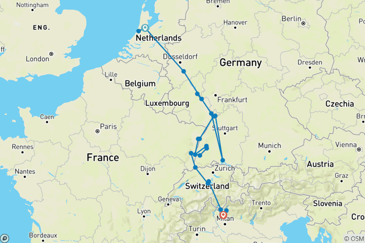 Carte du circuit Rhin romantique et Alpes suisses, 1 nuit à Lucerne et 3 nuits au lac de Côme (vers le sud)