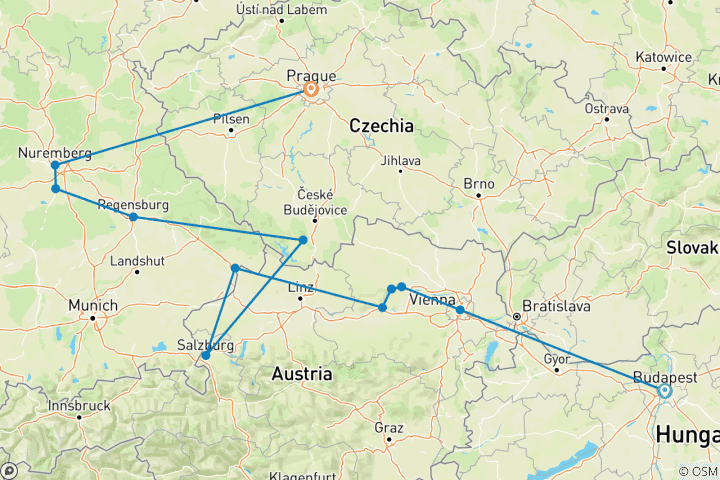 Kaart van De Blauwe Donau ontdekking met 2 nachten in Boedapest & 2 nachten in Praag 2027