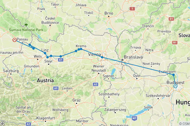 Carte du circuit Active & Discovery sur le Danube (Westbound)