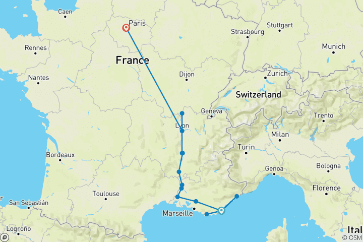 Carte du circuit Bourgogne & Provence avec 2 nuits en Côte d'Azur & 2 nuits en Paris (vers le nord)