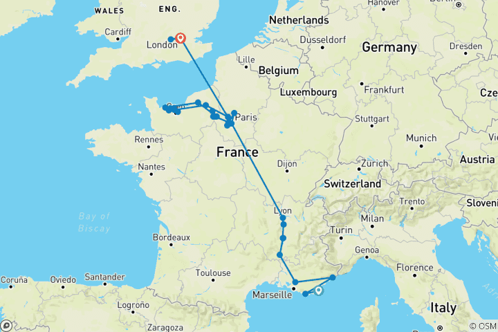 Kaart van Grand France met 2 nachten in Franse Rivièra & 3 nachten in Londen voor jazzliefhebbers (noordwaarts) 2027