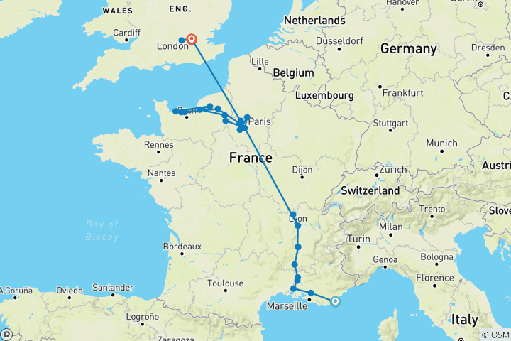 Map of Grand France with 2 Nights in French Riviera & 3 Nights in London for Wine Lovers (Northbound) 2027