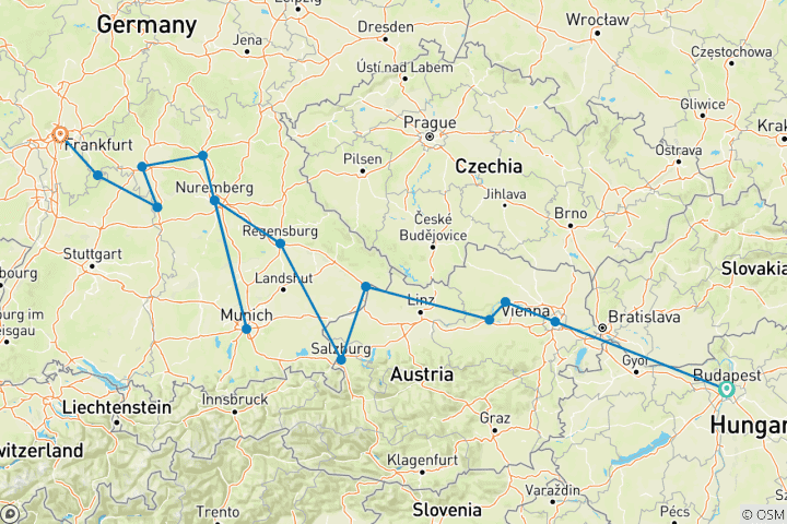 Kaart van Kerstvakantie van Boedapest naar Frankfurt met 2 overnachtingen in Boedapest