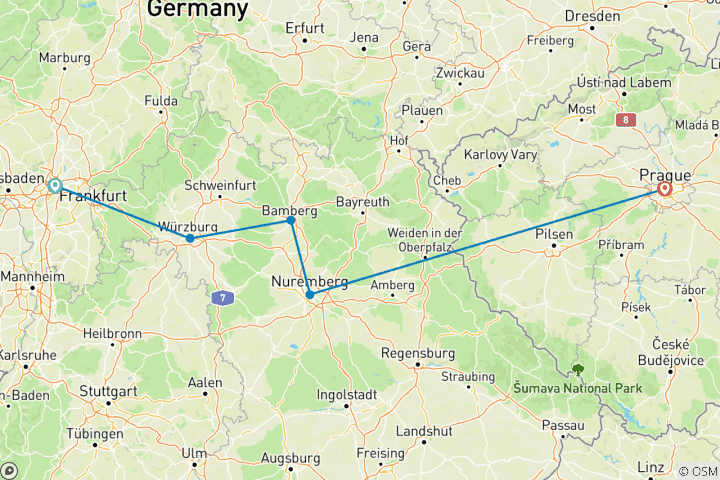 Karte von Weihnachtszeit im Herzen Deutschlands mit 2 Nächten in Prag 2027 (von Frankfurt am Main bis Prag)