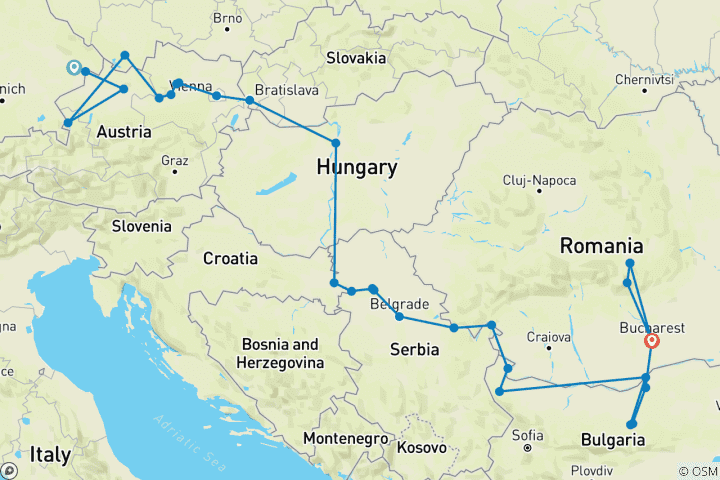 Kaart van De Donau van Duitsland naar Roemenië met 1 nacht in Boekarest en 2 nachten in Transsylvanië 2027