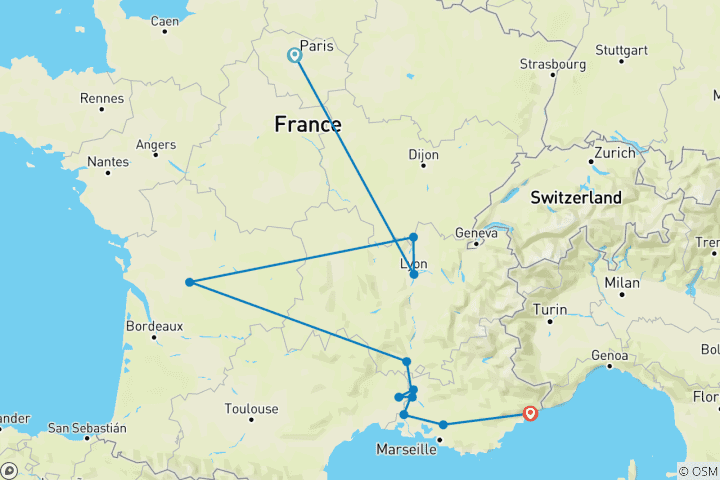 Mapa de Borgoña y Provenza con 2 noches en París y 2 noches en la Costa Azul (en dirección sur) 2027
