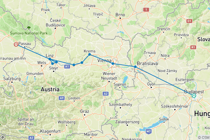 Carte du circuit Danube Symphonie avec 1 nuit à Budapest (vers l'ouest) 2027