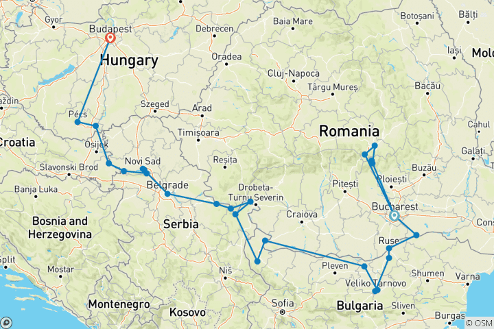 Mapa de El Danubio de Rumanía a Budapest con 1 noche en Bucarest, 2 noches en Transilvania y 1 noche en Budapest 2027
