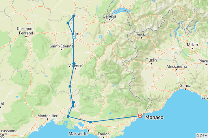 Mapa de Borgoña y Provenza con 2 noches en la Costa Azul para los amantes del vino (en dirección sur) 2027