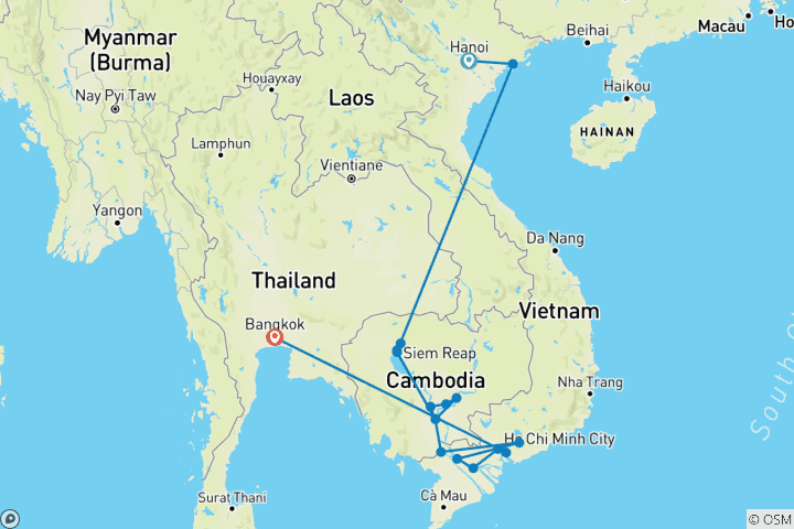 Carte du circuit Fascinant Vietnam, Cambodge et Mékong avec Hanoi, Ha Long Bay et Bangkok (vers le sud)