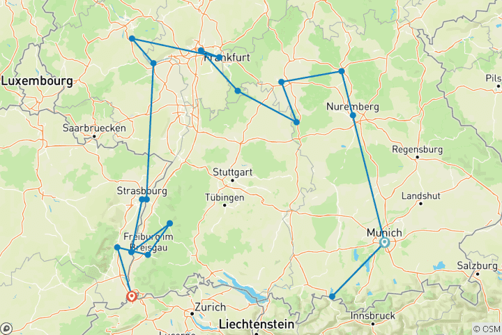 Carte du circuit La grandeur de l'Allemagne avec 2 nuits à Munich pour les amateurs de bière (vers l'ouest) 2027