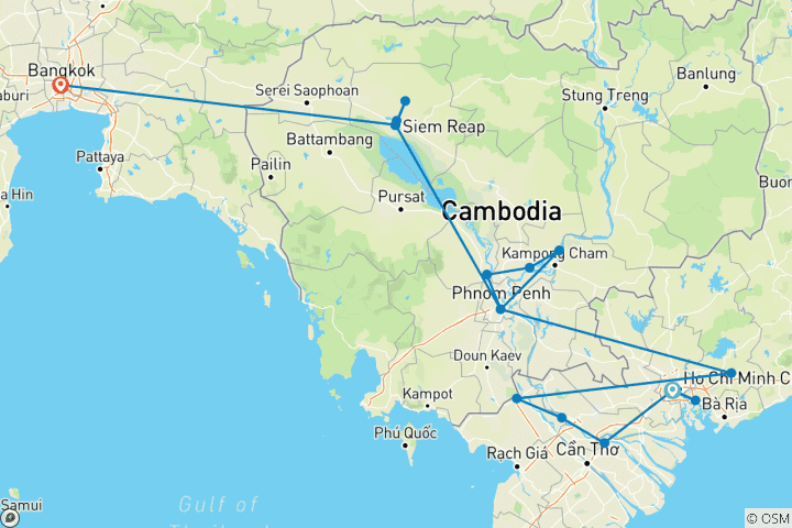 Mapa de Fascinante Vietnam, Camboya y el río Mekong con Bangkok - en dirección norte