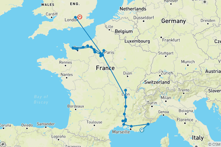 Carte du circuit Une expérience culinaire dans la Grande France avec 2 nuits sur la Côte d'Azur et 3 nuits à Londres (vers le nord) 2027